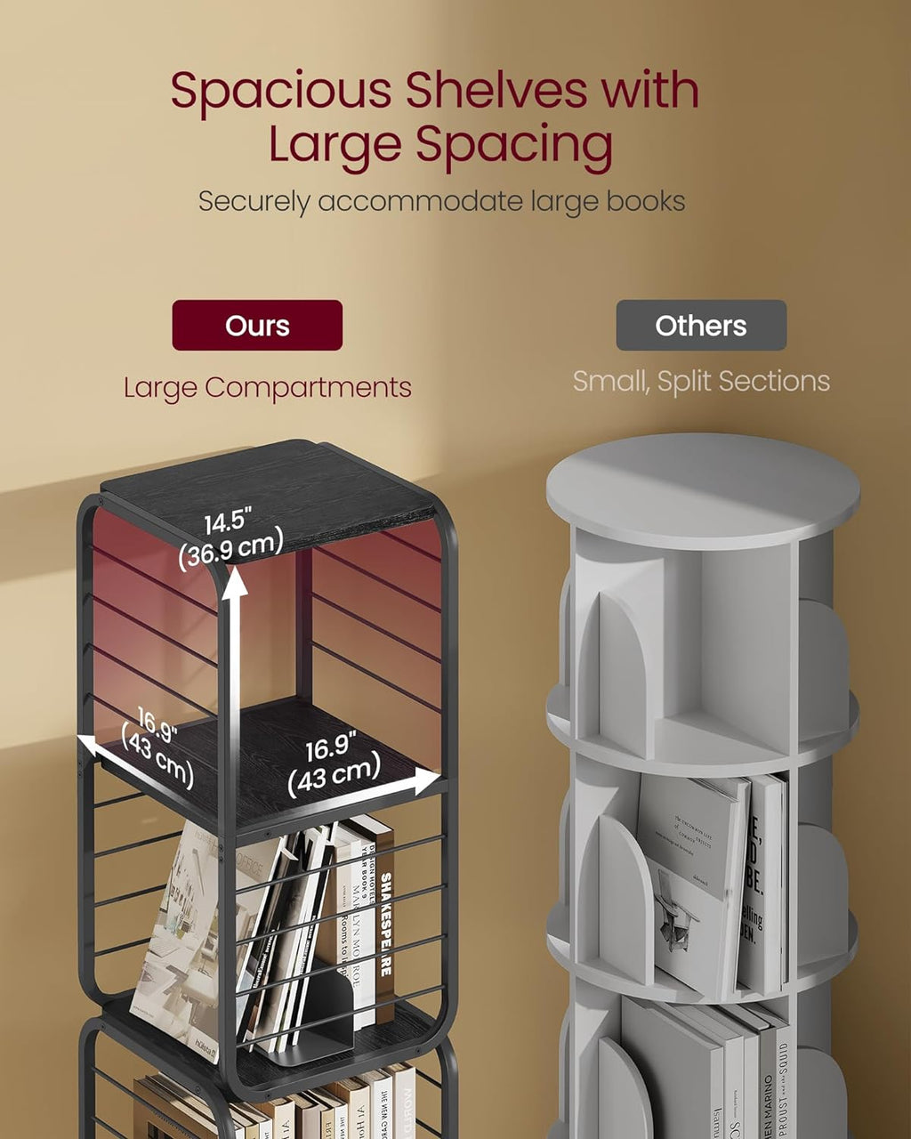 VASAGLE Biblioteca rotativa 360 grade, cadru metalic, cu 5 polite MDF, 43x43x158cm, negru