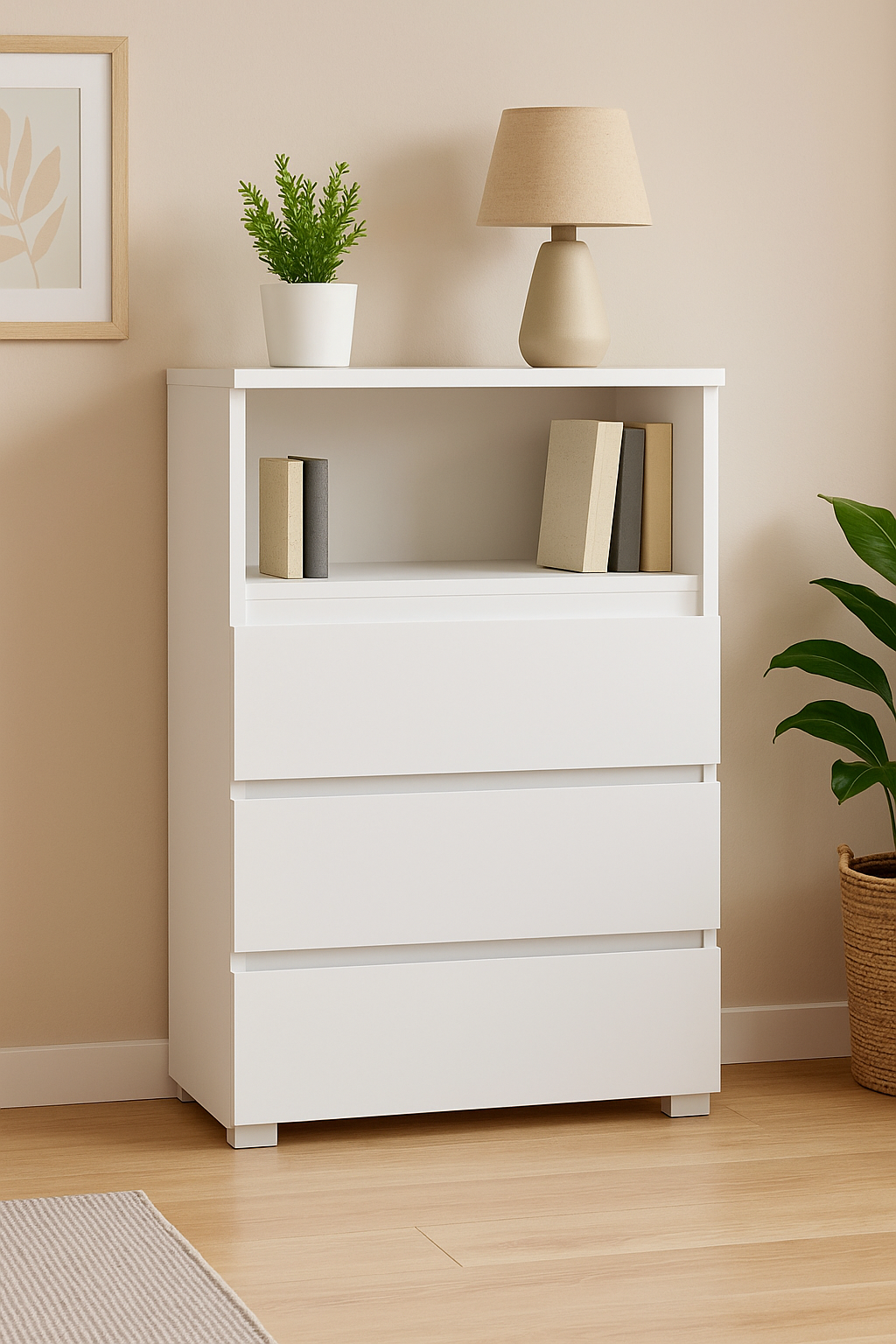 Comoda cu 3 sertare si raft deschis Neo 03, 65x37x106 cm, finisaj mat, alb