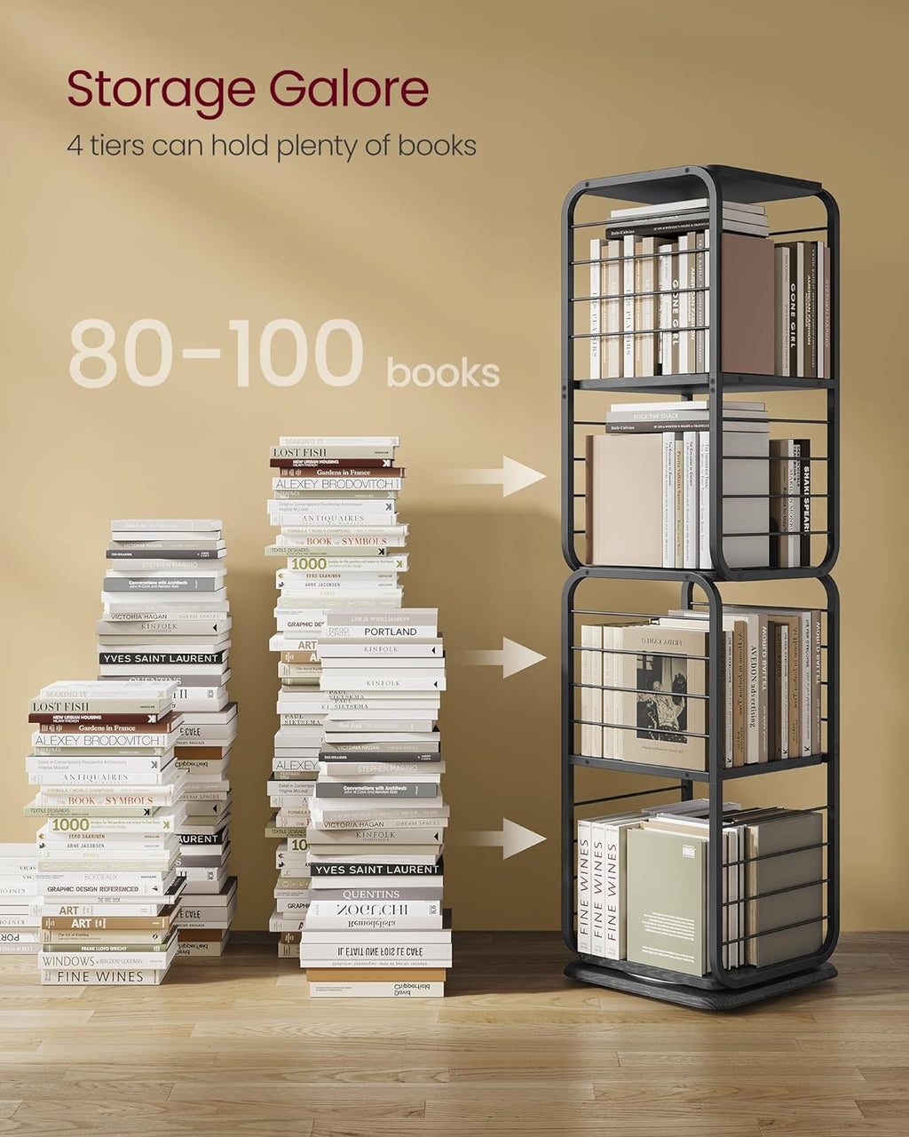 VASAGLE Biblioteca rotativa 360 grade, cadru metalic, cu 5 polite MDF, 43x43x158cm, negru
