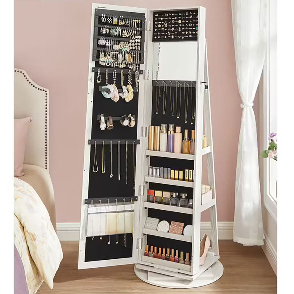 SONGMICS Oglinda de podea cu suport rotativ la 360°, cu spatiu de depozitare, 55x55x161cm, alb cenusiu