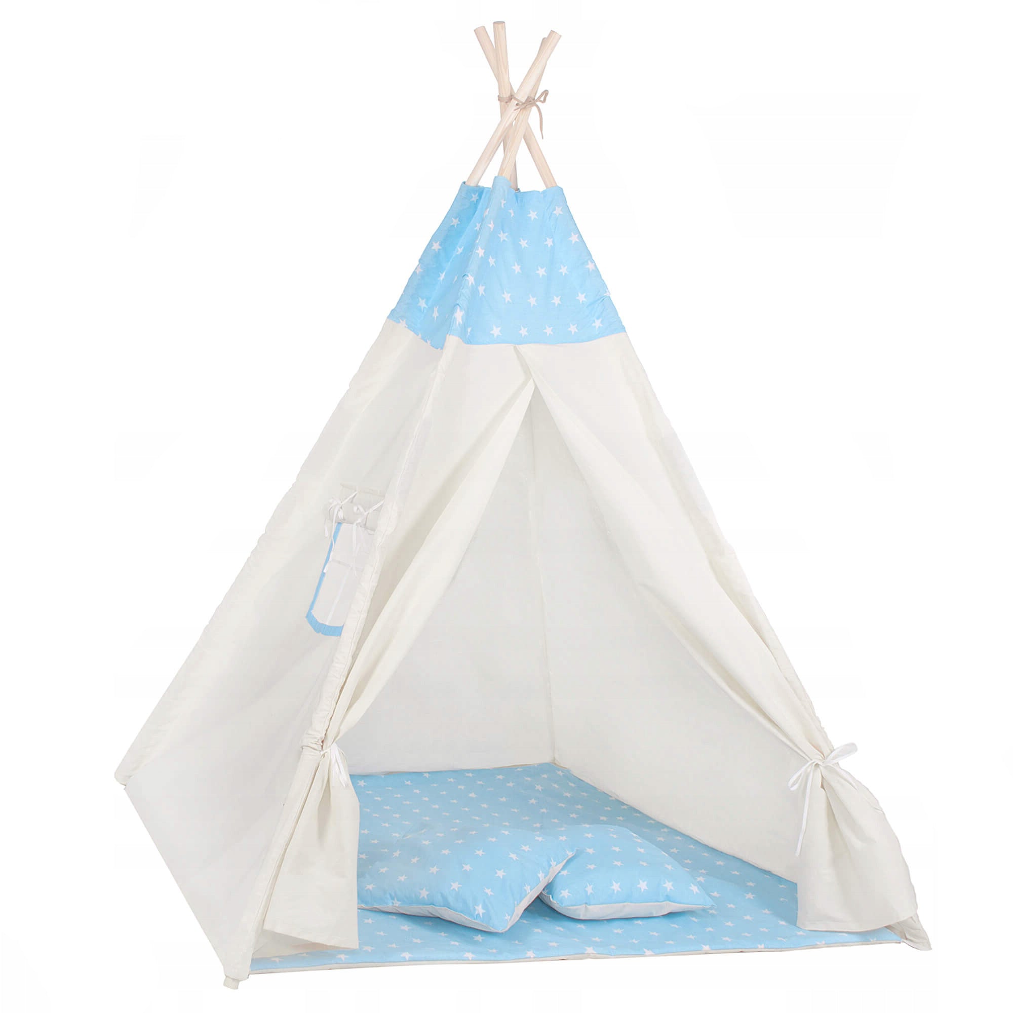 Cort copii  stil indian Teepee Tent cu fereastra, covoras gros si 2 perne, alb albastru