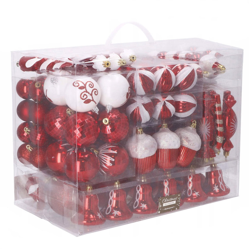 Set globuri si decoratiuni de Craciun, 153 piese, diverse dimensiuni, rosu