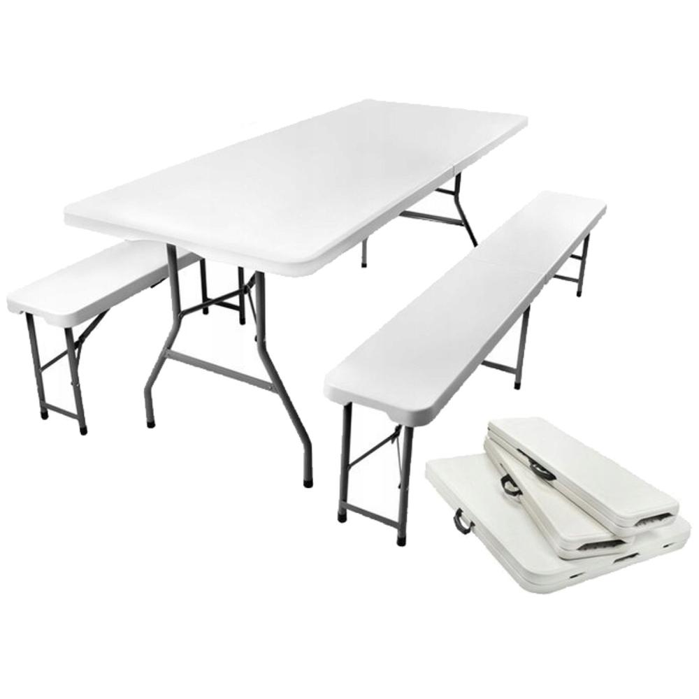 Set masa cu 2 banci pliabile tip valiza pentru gradina, camping, terase, 180x72x75cm