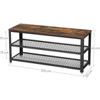 VASAGLE Raft pentru pantofi cu 2 polite, 100x30x45cm, otel, stil industrial, maro rustic si negru