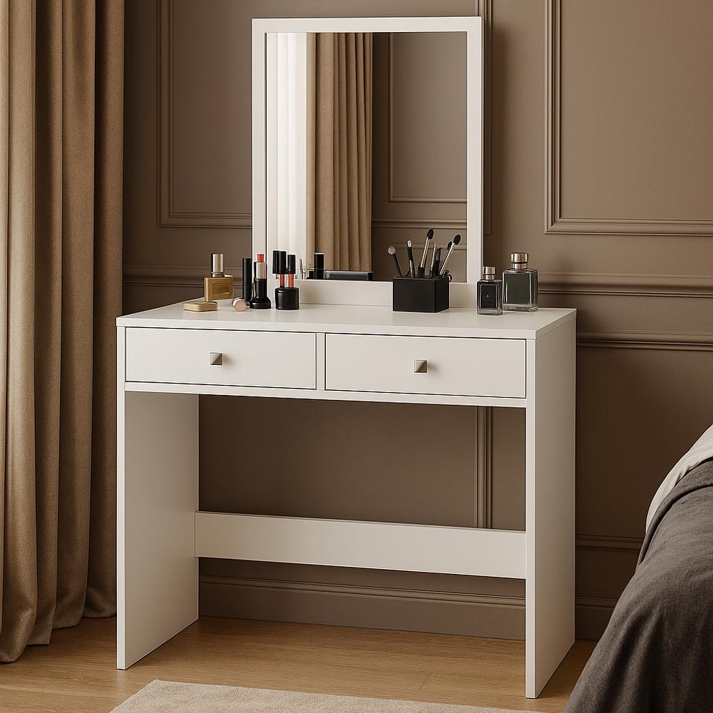 Masa de toaleta si machiaj  Mega cu 2 sertare și oglinda, 100x50x134 cm, finisaj alb