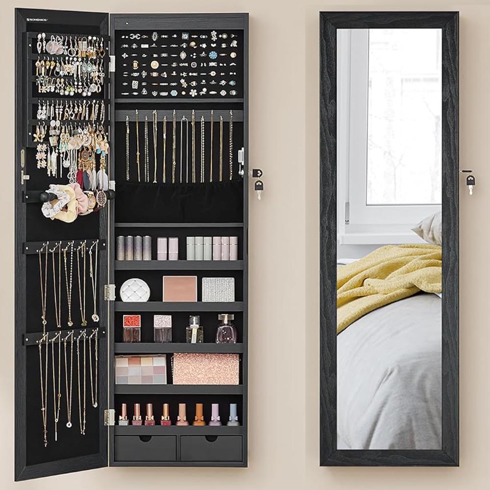 SONGMICS Dulap de bijuterii cu oglinda, din MDF, montare pe perete, 37x10x120 cm, negru