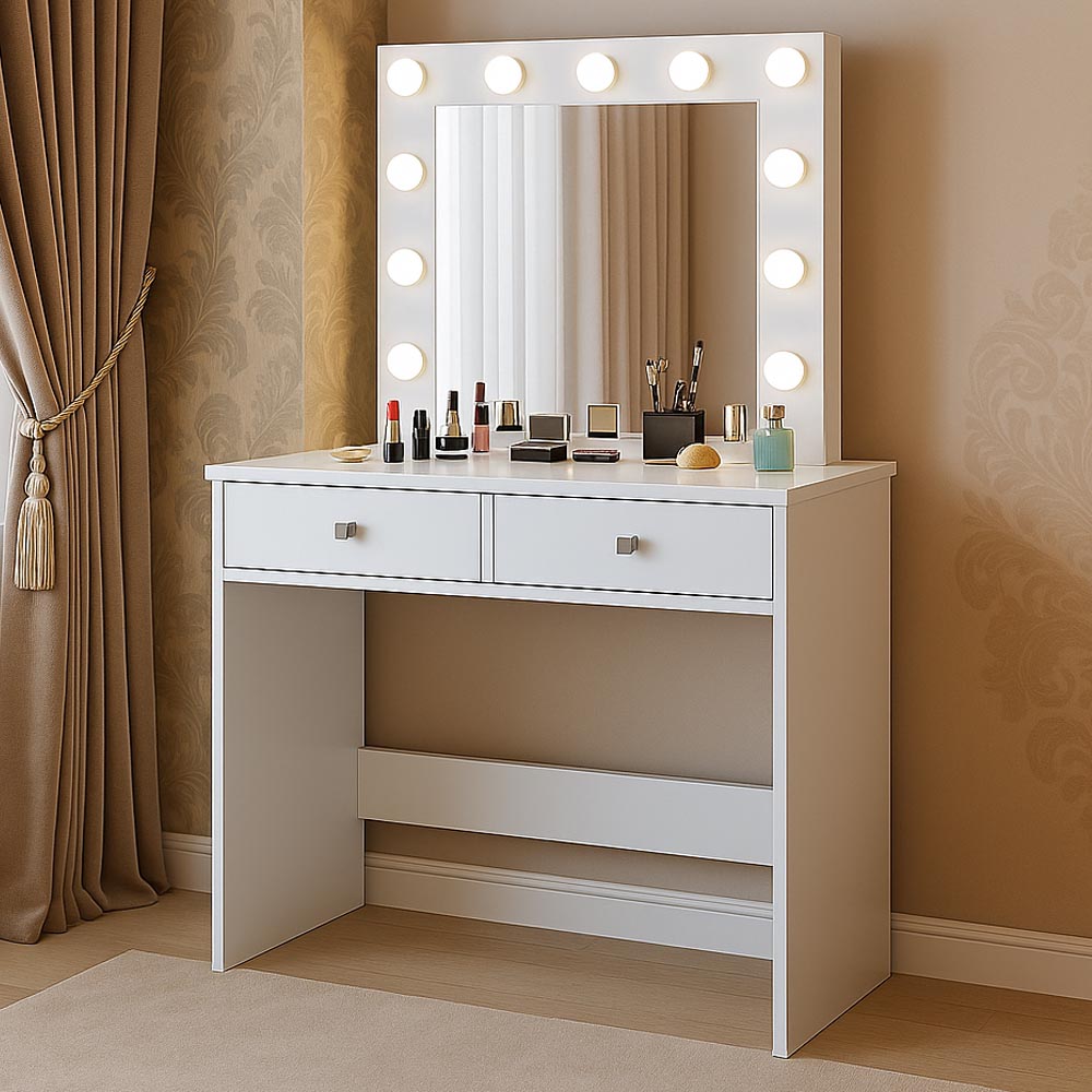 Masa de toaleta si machiaj Mega 12 LED, 100x50x144 cm, cu oglinda iluminata si 2 sertare, alb