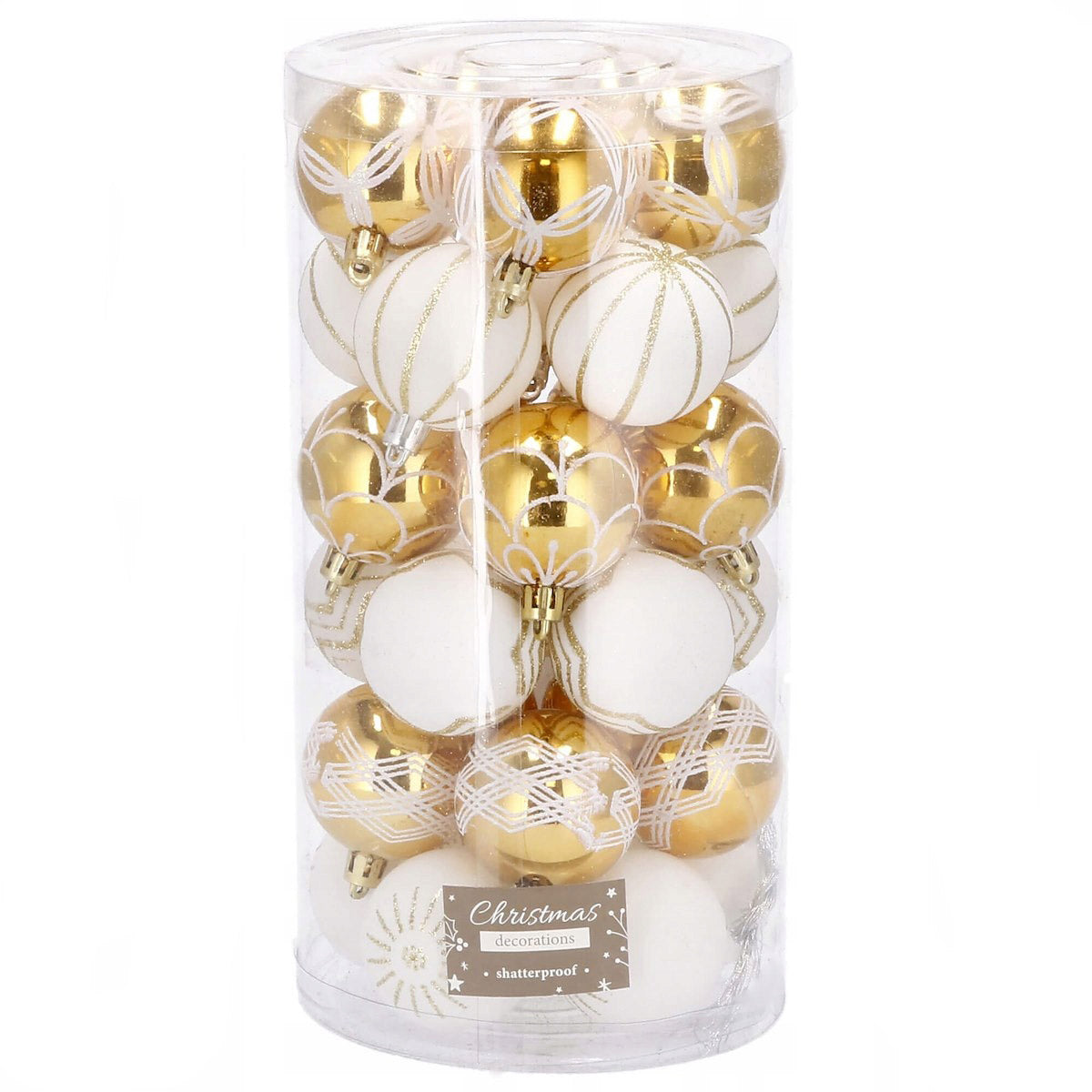 Set globuri de Craciun cu modele de sarbatori, 30 bucati, 7cm, alb auriu