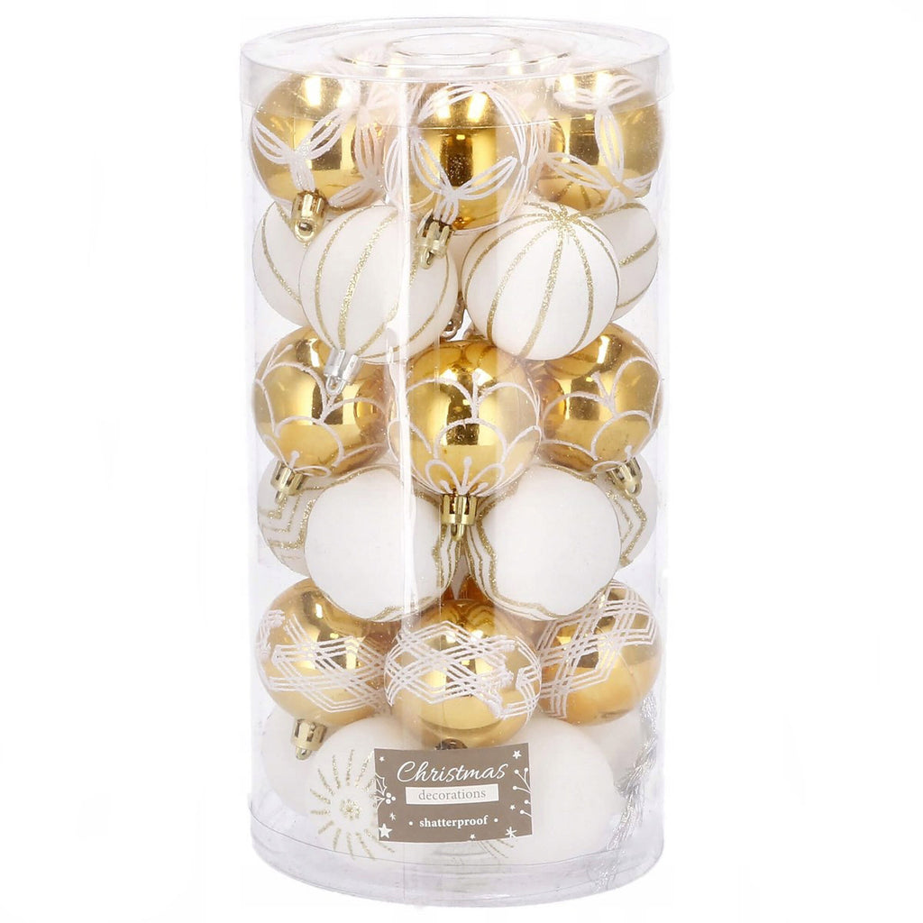 Set globuri de Craciun cu modele de sarbatori, 30 bucati, 5cm, alb auriu