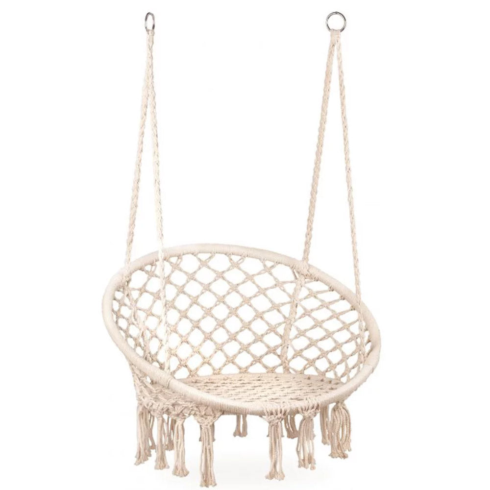 Scaun rotund tip leagan suspendat pentru casa sau gradina, cu franjuri, 150kg, crem