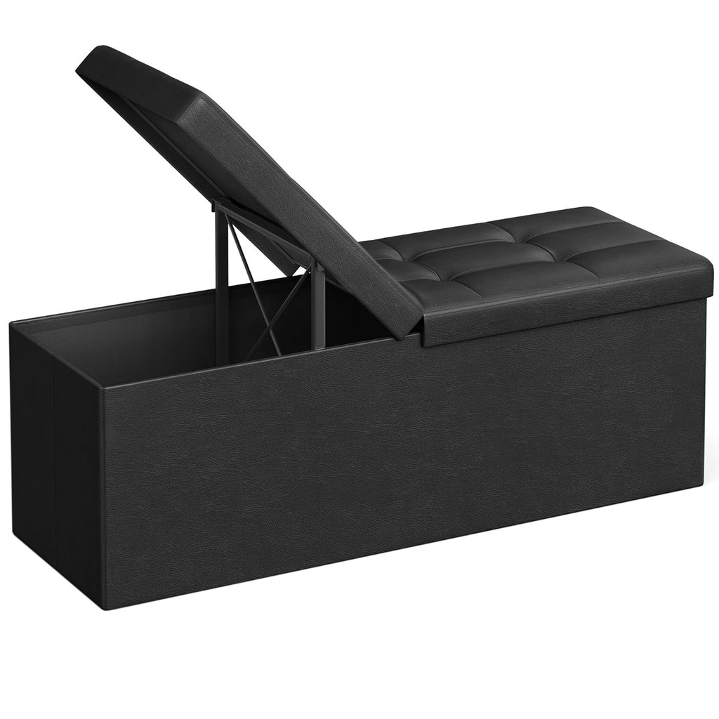 SONGMICS Taburet pliabil cu sezut moale, spatiu de depozitare 120litri, maxim 300kg, 110x38x38cm, negru