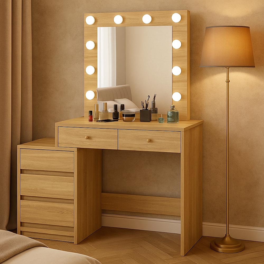 Masa de toaleta si machiaj Adele cu 5 sertare si oglinda 12 LED, 113x47x142 cm, sonoma