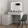 Masa de toaleta si machiaj colt Carla cu oglinda 12 LED si comoda 5 sertare, montaj stanga/dreapta, alb