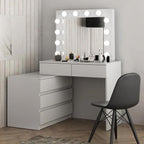 Masa de toaleta si machiaj colt Carla cu oglinda 12 LED si comoda 5 sertare, montaj stanga/dreapta, alb
