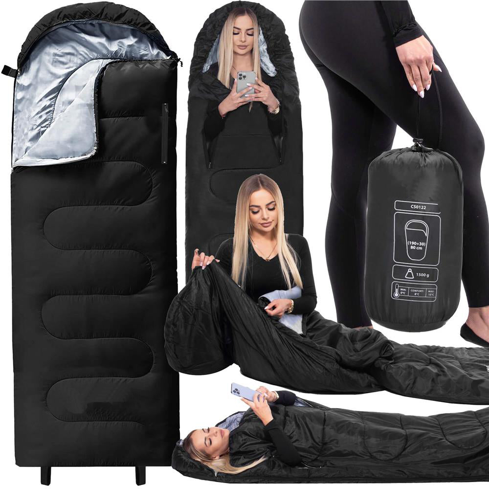 Sac de dormit tip mumie, cu geanta de transport, 220x80cm, 0-15grade, negru