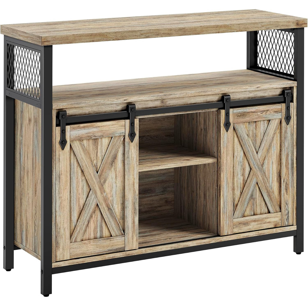 VASAGLE Comoda pentru living sau bucatarie, cu 2 usi glisante, rafturi reglabile, stil rustic, 33x100x80 cm, maro natur