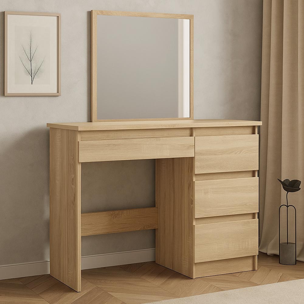 Masa de toaleta si machiaj Beta cu oglinda si 4 sertare, 94x43x130 cm, finisaj sonoma