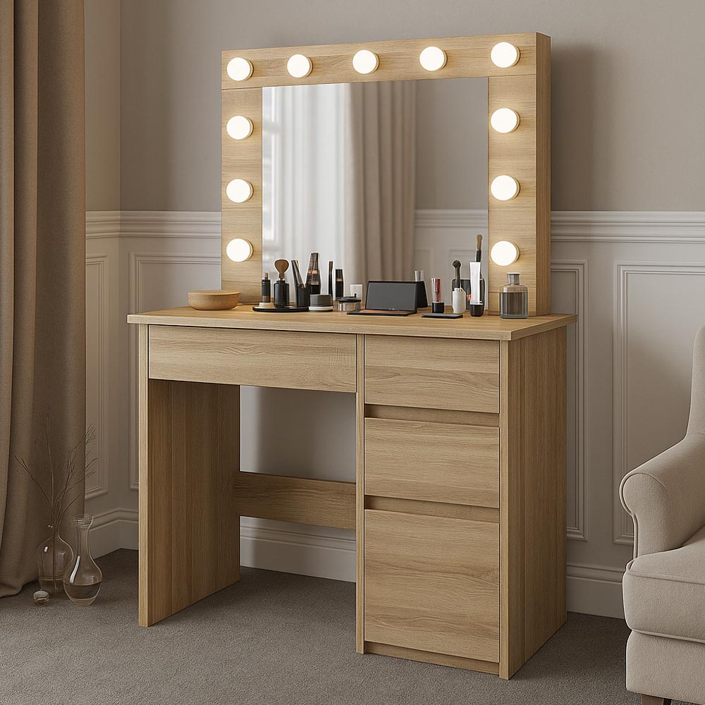 Masa de toaleta si machiaj Hollywood cu oglinda LED si 4 sertare, 94x43x140 cm, stejar