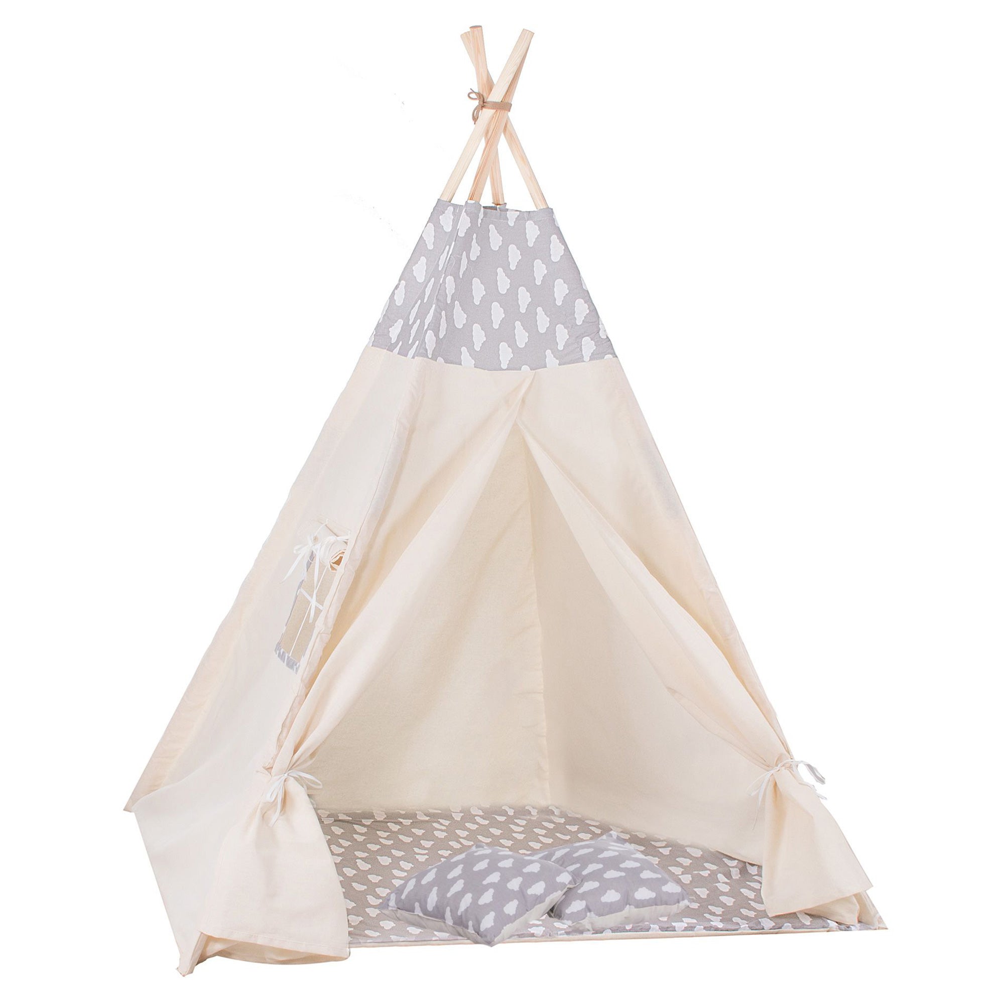 Cort copii  stil indian Teepee Tent cu fereastra, covoras gros si 2 perne, alb gri cu norisori