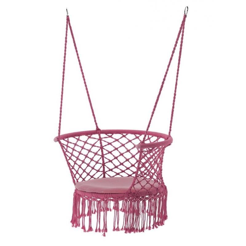 Scaun rotund tip leagan suspendat pentru casa sau gradina, cu franjuri, 150kg, cu perna, roz