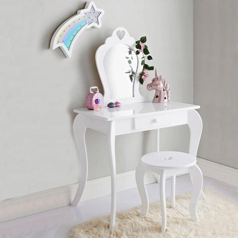 Set Masa de toaleta pentru copii Elza, alba, cu oglinda si taburet, 71x50x108 cm