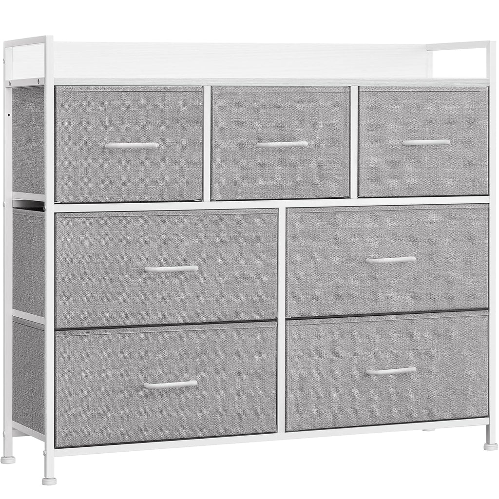 SONGMICS Comoda cu cadru metalic si 7 sertare din stofa, 29x98x85 cm , gri si alb