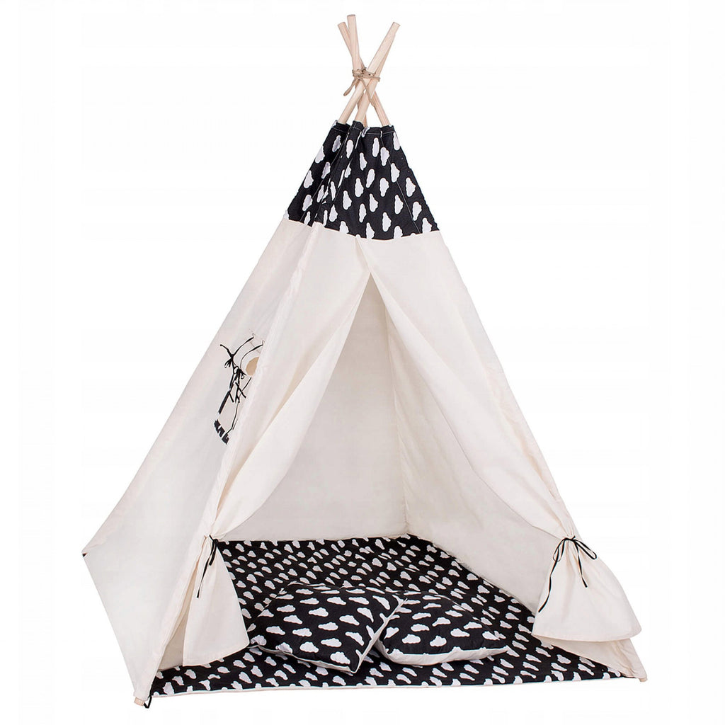 Cort copii  stil indian Teepee Tent cu fereastra, covoras gros si 2 perne, alb negru cu norisori