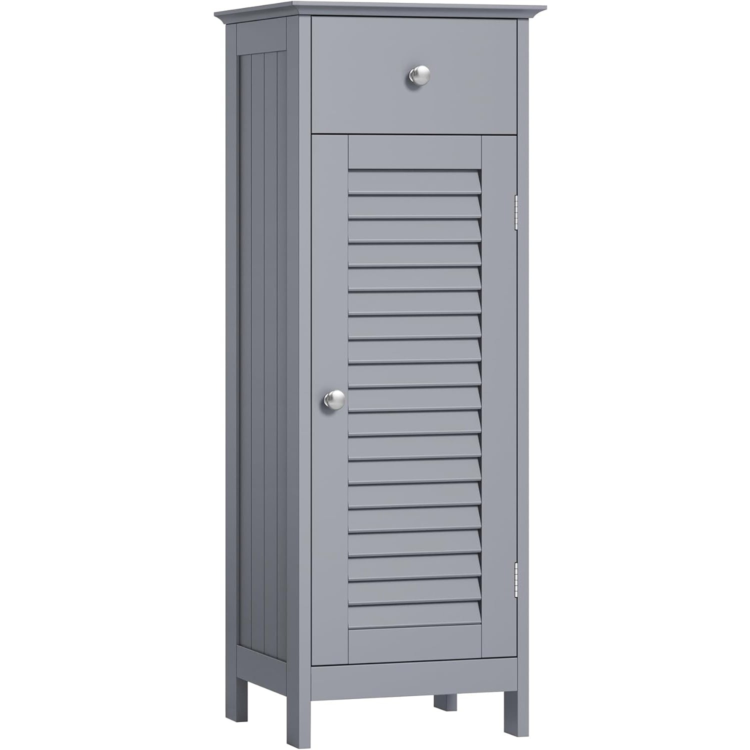 VASAGLE Dulap de depozitare de podea pentru baie, din lemn cu sertar, usa cu lamele, 32x30x87cm, gri
