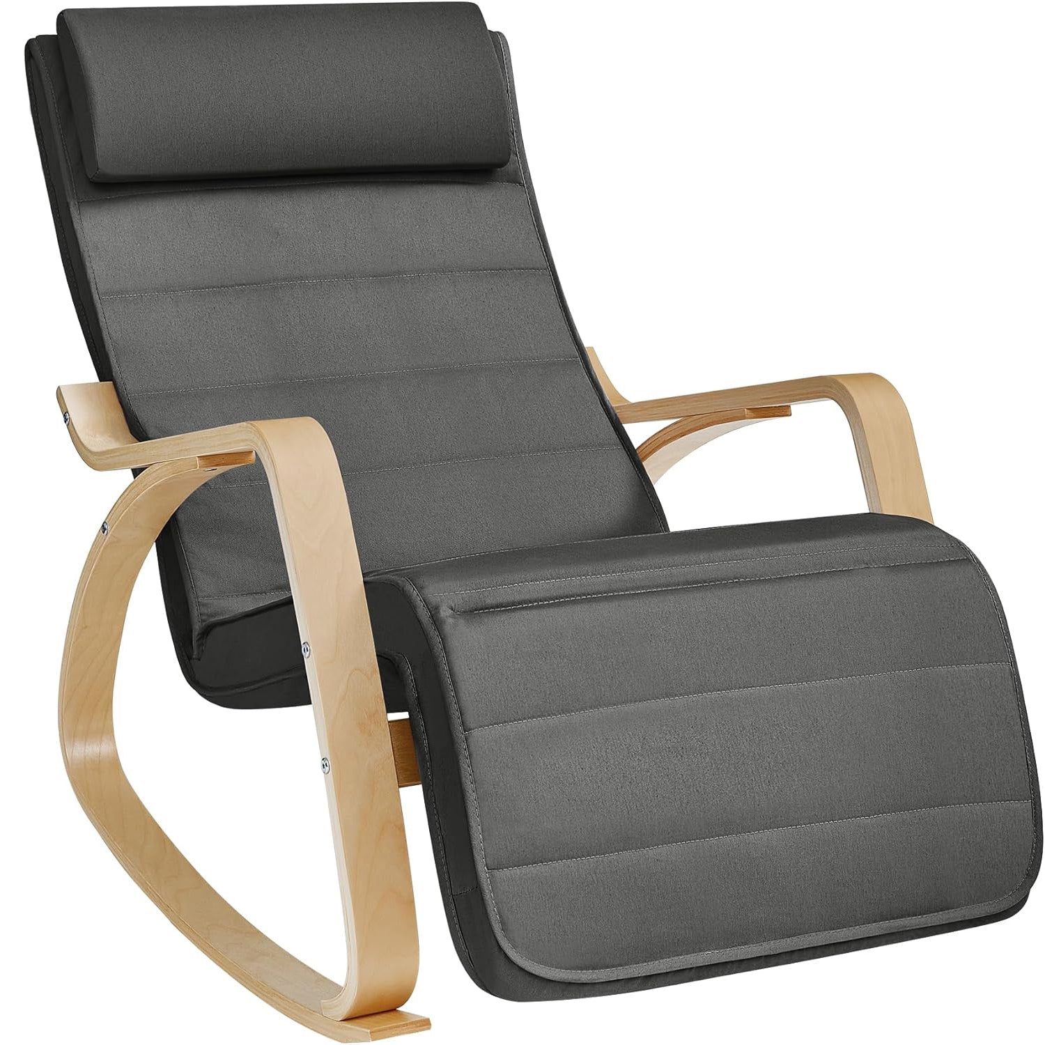 SONGMICS Scaun balansoar din lemn, suport picioare reglabil, maxim 150kg, 67x122x84 cm, gri inchis