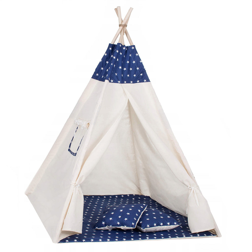 Cort copii  stil indian Teepee Tent cu fereastra, covoras gros si 2 perne, alb albastru inchis cu stelute
