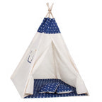 Cort copii  stil indian Teepee Tent cu fereastra, covoras gros si 2 perne, alb albastru inchis cu stelute
