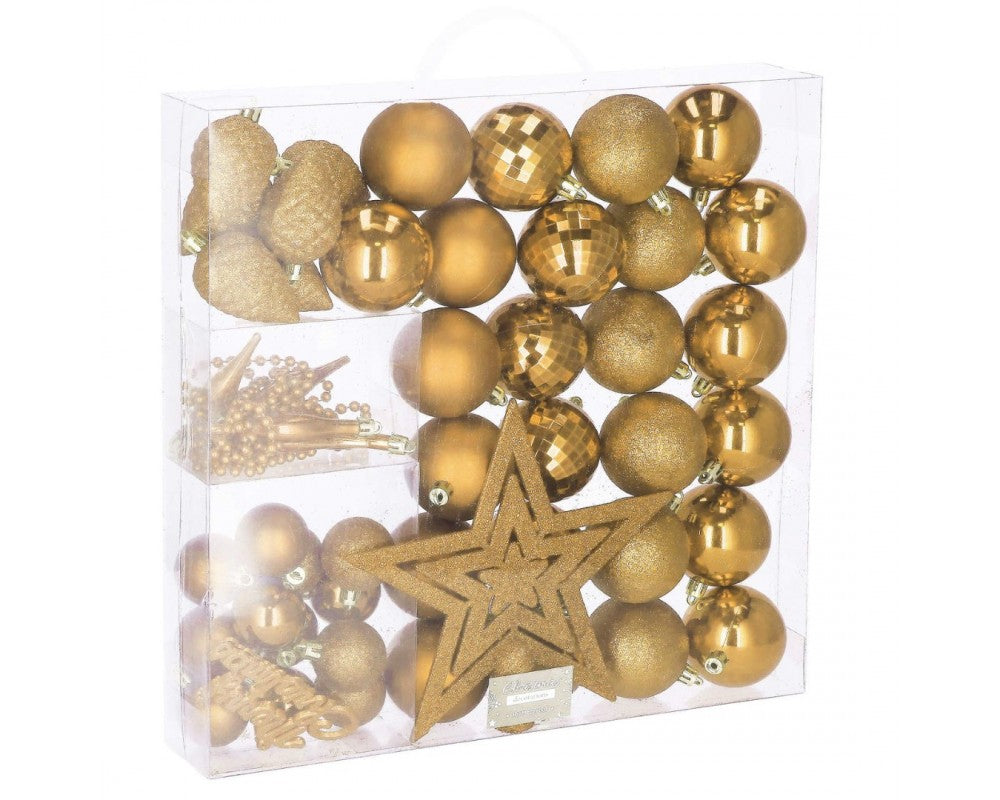 Set globuri si decoratiuni de Craciun, 51 piese, diverse dimensiuni, auriu