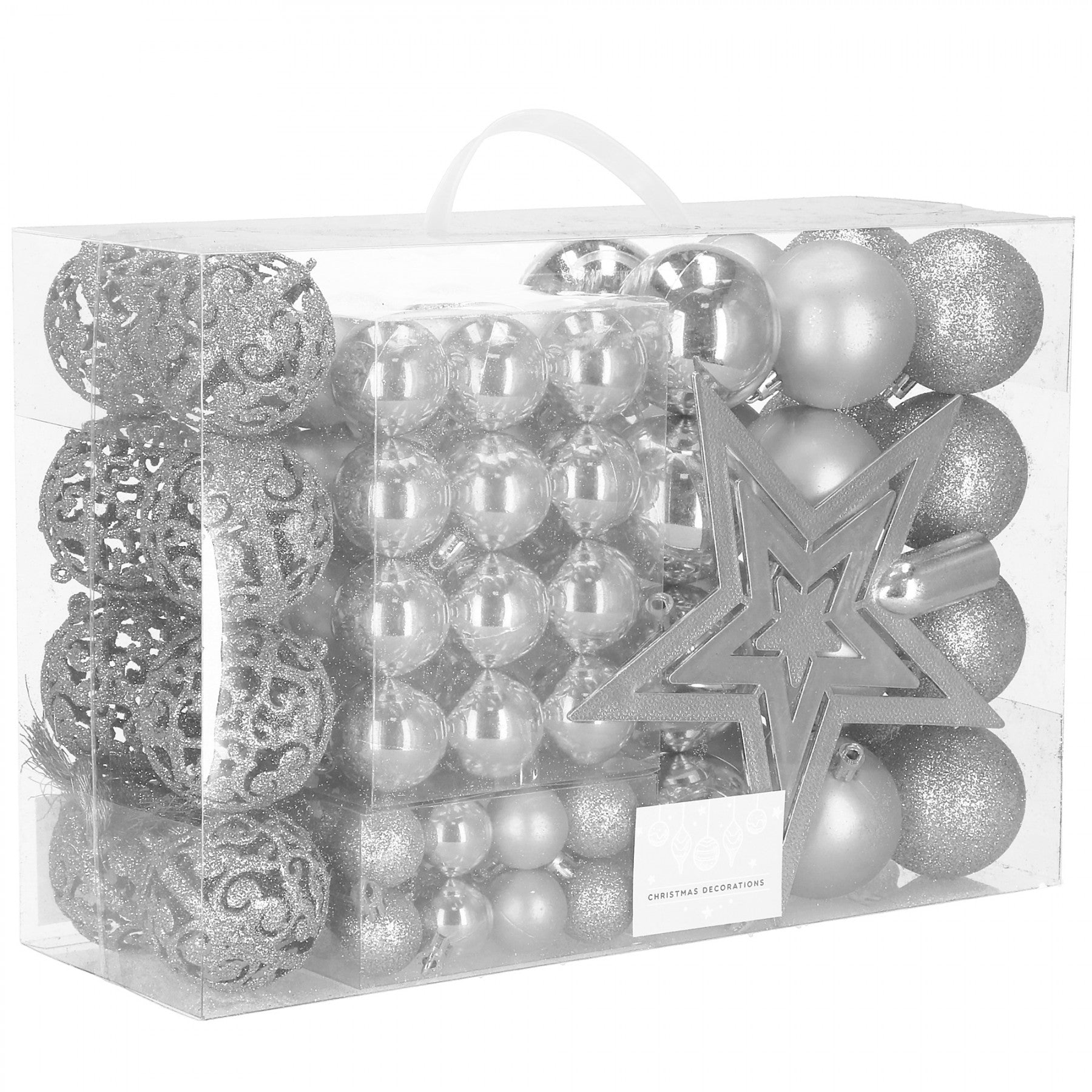 Set globuri si decoratiuni de Craciun, 100 piese, diverse dimensiuni cu stea, argintiu