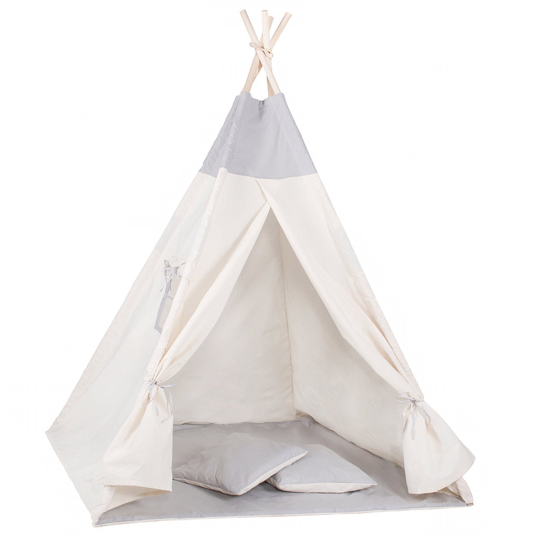 Cort copii  stil indian Teepee Tent cu fereastra, covoras gros si 2 perne, alb gri monocrom