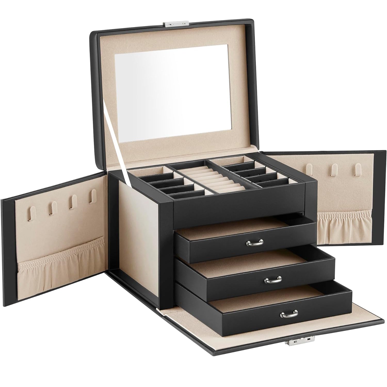 SONGMICS Cutie de bijuterii cu 4 nivele, 3 sertare, oglinda si incuietoare, 18x23x17cm, negru