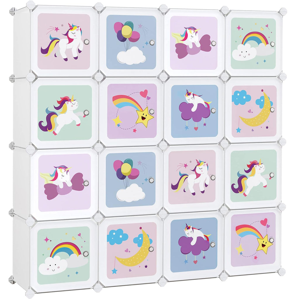 SONGMICS Dulap modular de depozitare jucarii, 16 cuburi cu usi, 123x31x123cm, alb