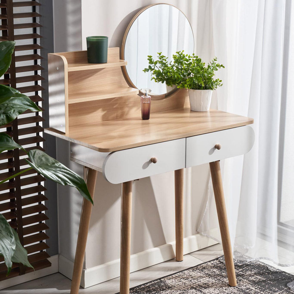 Masa de toaleta si machiaj Ravena, alb fag, cu 2 sertare, oglinda, 80x40x122 cm