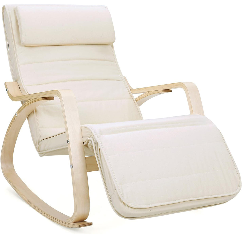 SONGMICS Scaun balansoar din lemn, suport picioare reglabil, maxim 150kg, 55x115x91cm, bej