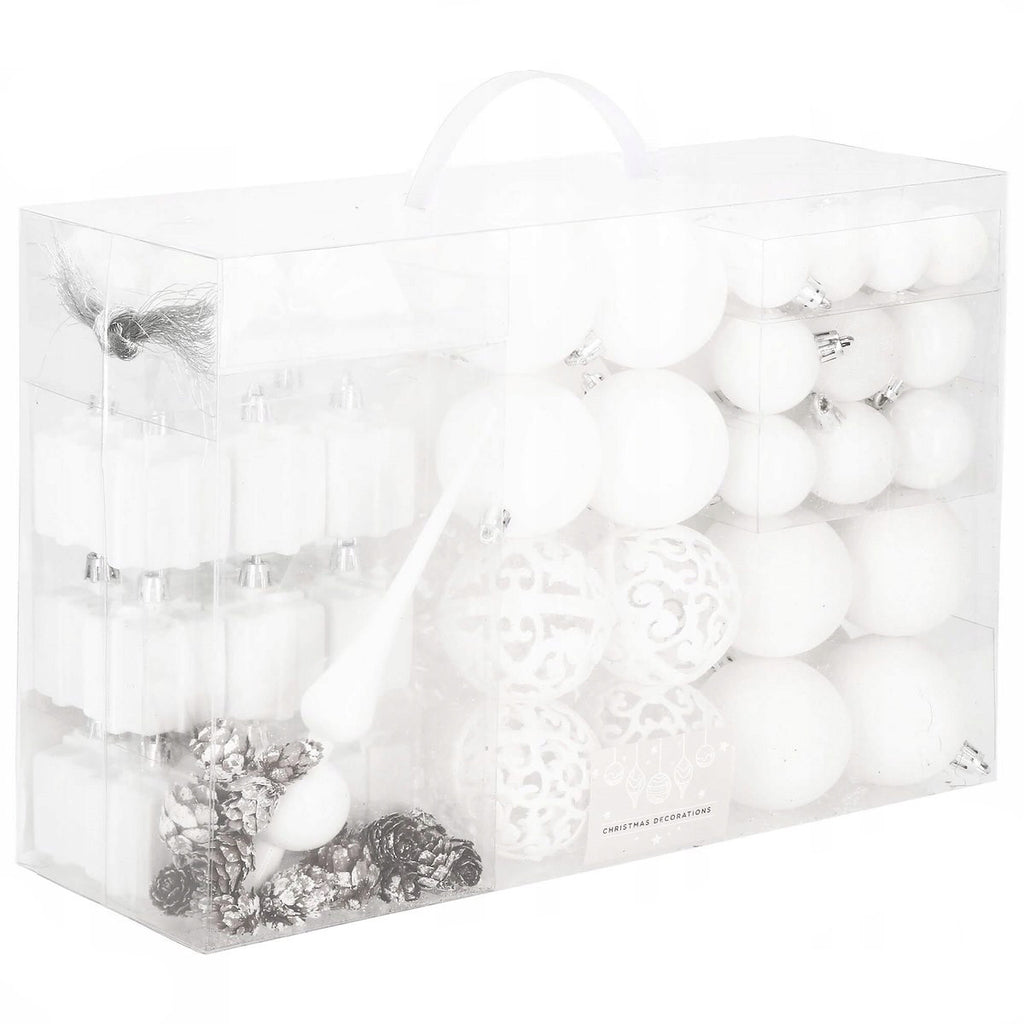 Set globuri si decoratiuni de Craciun, 101 piese, diverse dimensiuni, alb