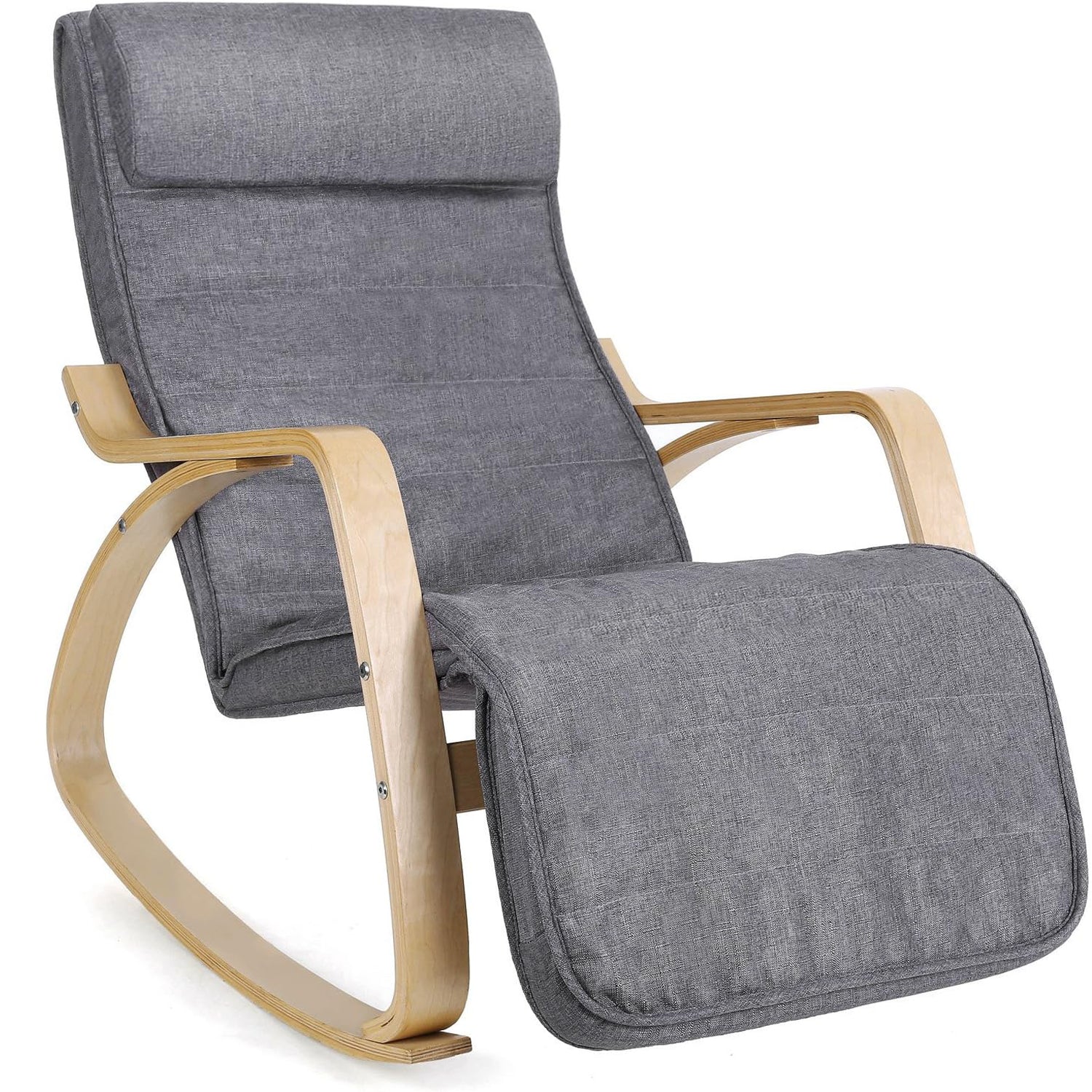 SONGMICS Scaun balansoar din lemn, suport picioare reglabil, maxim 150kg, 55x122x84cm, gri inchis