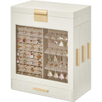 SONGMICS Cutie de bijuterii cu 3 sertare laterale, fereastra si oglinda mare, 16x26x32 cm, alb