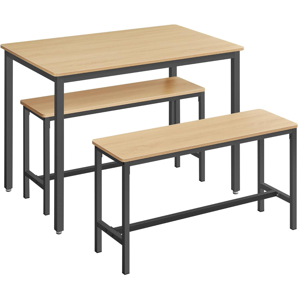 VASAGLE Masa de bar cu 2 banci, design industrial, 110x70x75 cm, stejar natur