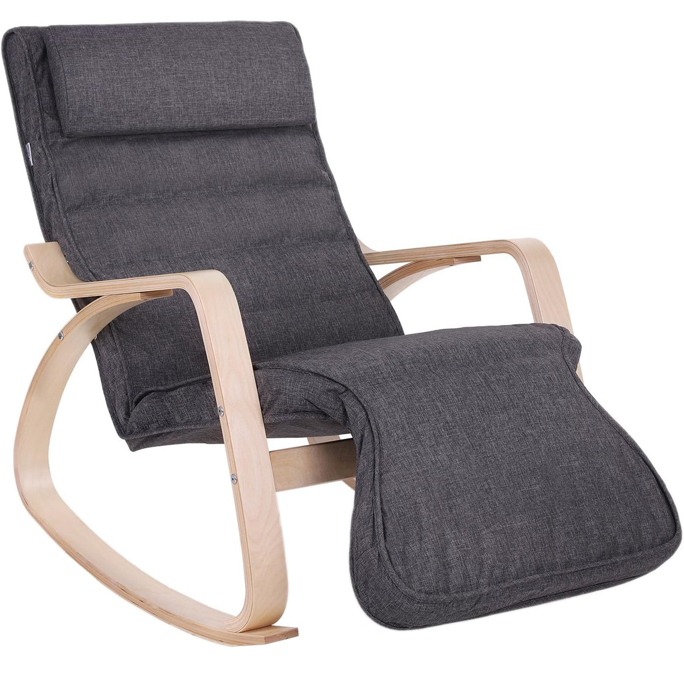 SONGMICS Scaun balansoar din lemn, suport picioare reglabil, maxim 150kg, 67x115x91cm, gri inchis