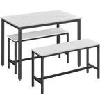 VASAGLE Masa de bar cu 2 banci, design industrial, 110x70x75 cm, alb marmura