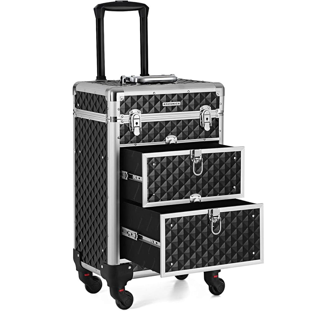 SONGMICS Valiza pentru cosmetice cu roti, profesionala, inchidere cu cheie, 24x34x56cm, negru