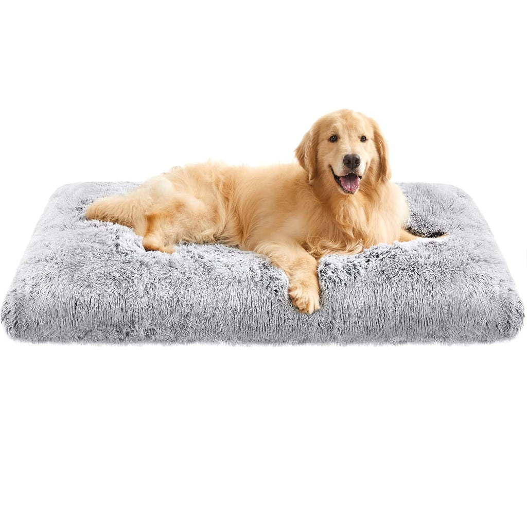 FEANDREA Pat pufos pentru caini de dimensiune mare, captuseala moale cu fir lung, lavabil la masina, 122x74 cm, gri deschis