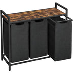 VASAGLE Cos de rufe, 3 compartimente, saci de rufe detasabili, raft, cadru metalic, 3x38L, 93x33x72 cm, maro rustic si negru
