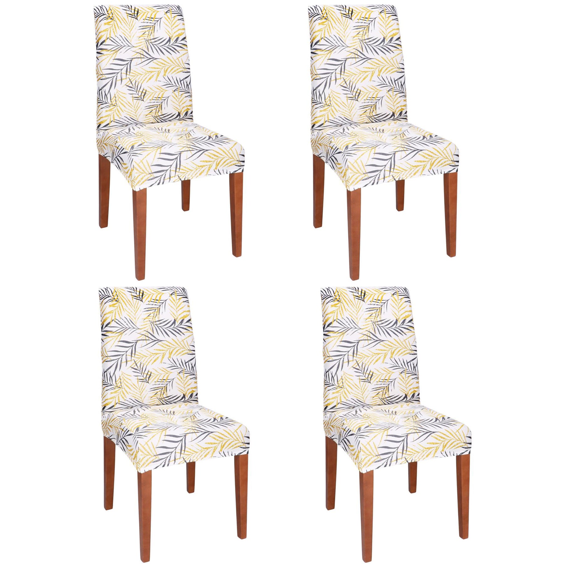 Set 4 huse pentru scaun, marime universala, poliester si spandex, 38x70cm, alb, gri si galben