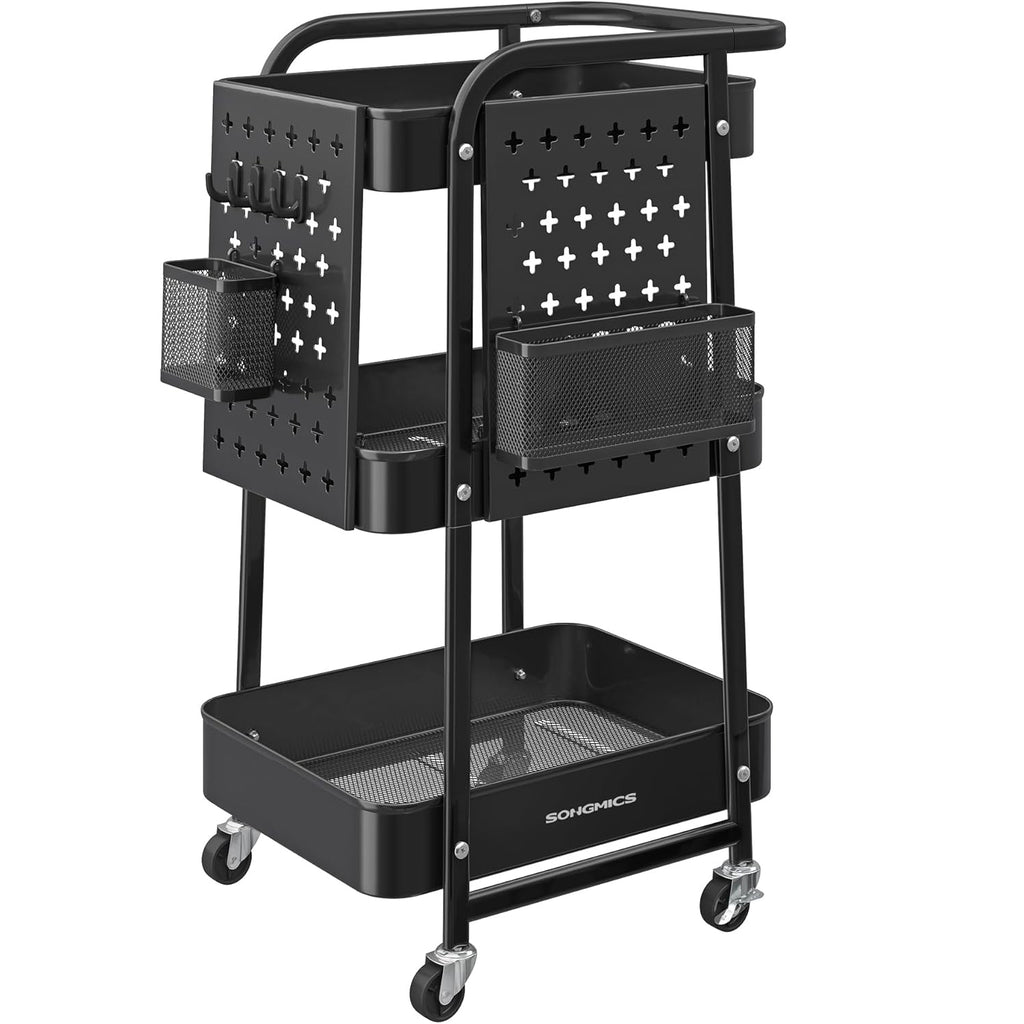 SONGMICS Raft de depozitare mobil tip carucior rulant, pentru baie sau bucatarie, cadru otel, 32x43x74 cm, negru