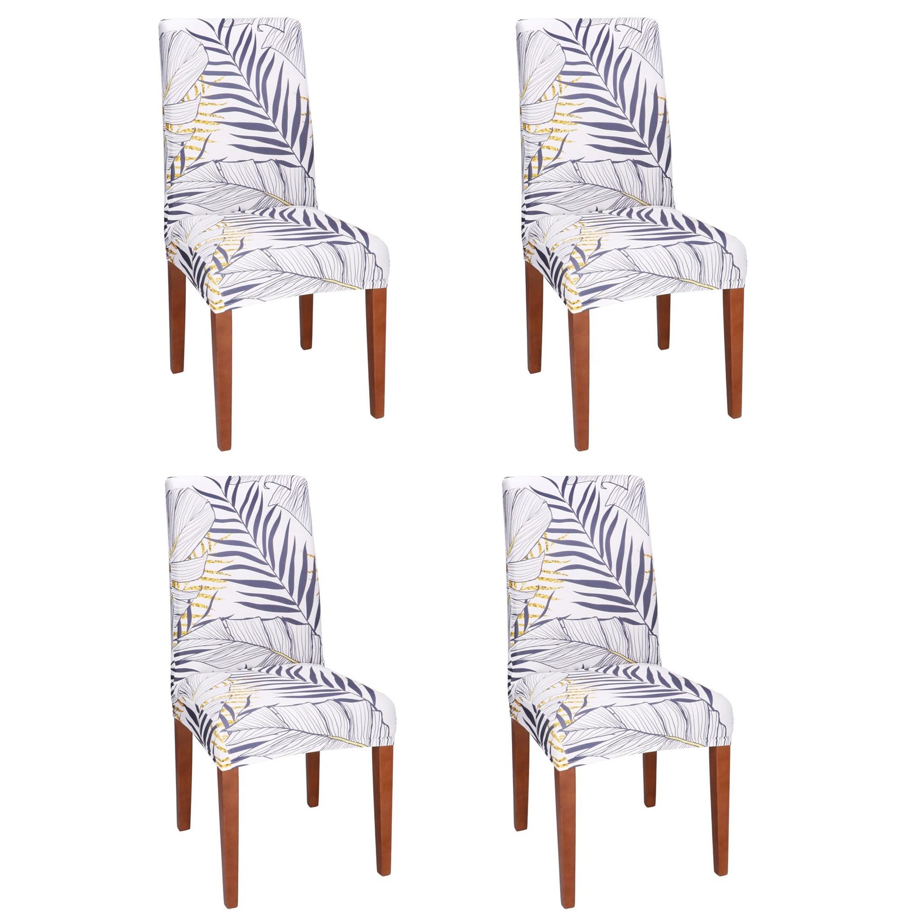 Set 4 huse pentru scaun, marime universala, poliester si spandex, 38x70cm, alb, nuante de bleumarin, galben